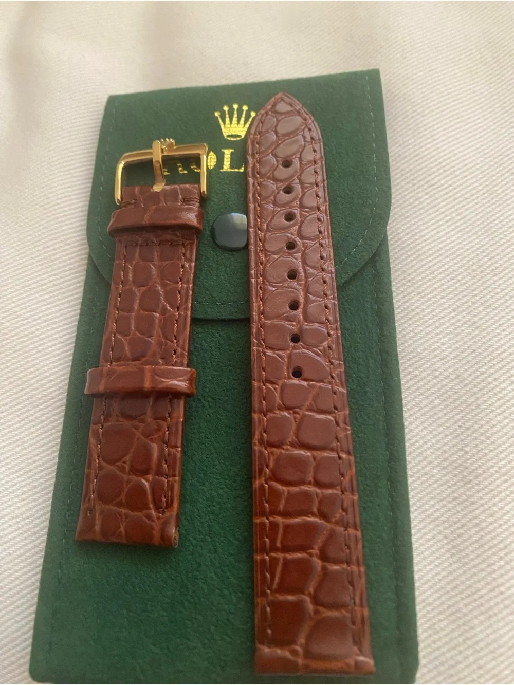 Rolex Brown Crocodile-Embossed Leather Strap Gold Plated Buckle 19mm Pre-Owned